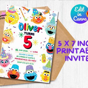 May include: Printable invitation for a Sesame Street themed 5th birthday party. The invitation features a colourful design with various Sesame Street characters, including Big Bird, Elmo, Cookie Monster, and Abby Cadabby. The text on the invitation reads "Oliver Turns 5" and includes the date, time, and location of the party.