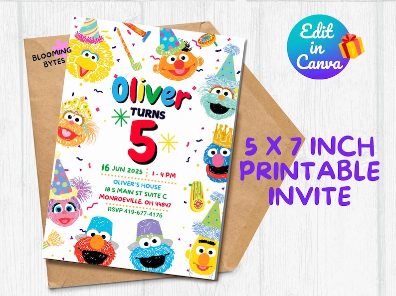 May include: Printable invitation for a Sesame Street themed 5th birthday party. The invitation features a colourful design with various Sesame Street characters, including Big Bird, Elmo, Cookie Monster, and Abby Cadabby. The text on the invitation reads "Oliver Turns 5" and includes the date, time, and location of the party.