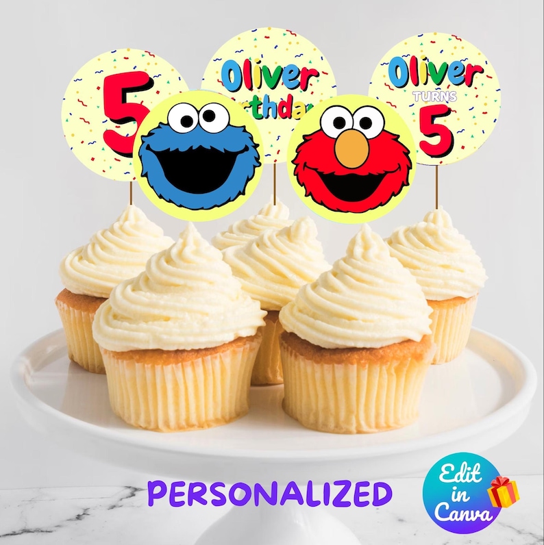 Street Monsters Cupcake Toppers, Elmo Birthday Party Decor, Kids Party DIY Birthday Banner Invitation, Canva Editable Template, Instant image 2