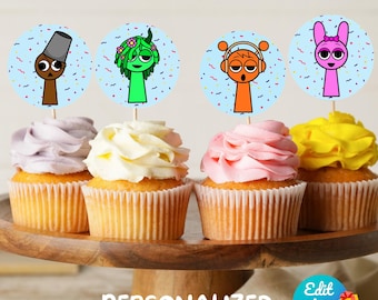Printable Sprunki Cupcake Toppers Template, Incredibox Sprunki Birthday Party Decor, Digital Kids Party Editable DIY Birthday Digital