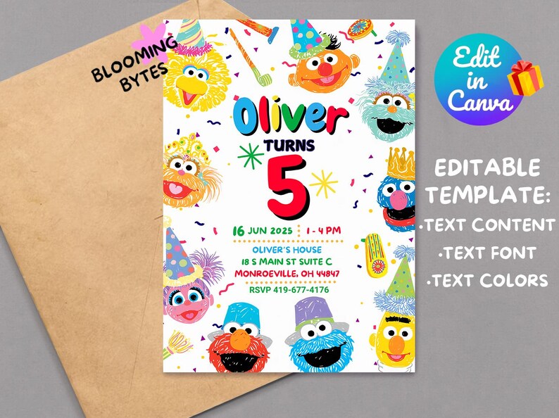 May include: An editable Sesame Street themed birthday party invitation with a colourful design featuring characters such as Big Bird, Elmo, Cookie Monster, and Abby Cadabby. The invitation reads "Oliver Turns 5" and includes the date, time, and location of the party.