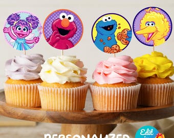 Street Monsters Cupcake Toppers, Elmo Birthday Party Decor, Kids Party DIY Birthday Banner Invitation, Canva Editable Template, Instant