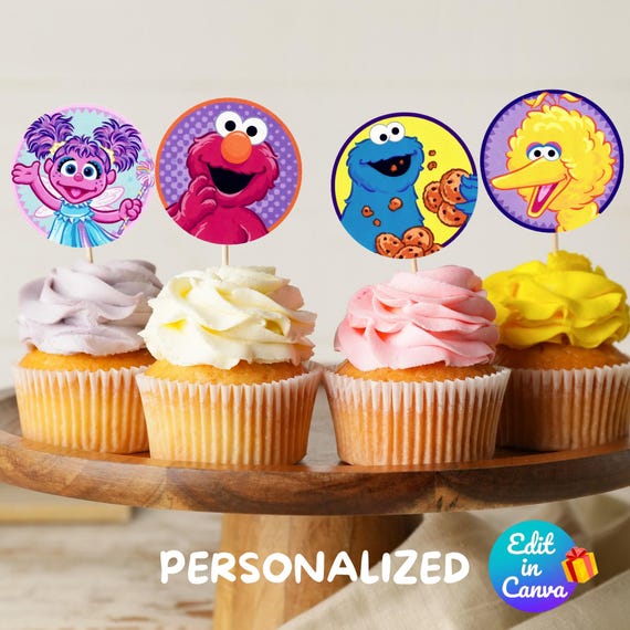 Street Monsters Cupcake Toppers, Elmo Birthday Party Decor, Kids Party DIY Birthday Banner Invitation, Canva Editable Template, Instant