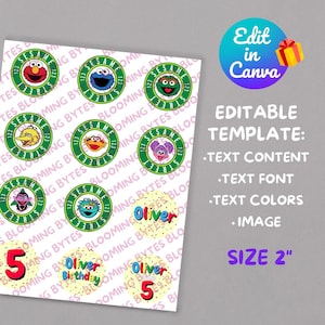 May include: Printable 2-inch round stickers featuring Sesame Street characters. The stickers are white with a green circle around the characters. The text "Sesame Street" and "123" are printed in green. There are also stickers with a yellow background and confetti with the text "Oliver" and "Oliver Birthday" in red and blue.