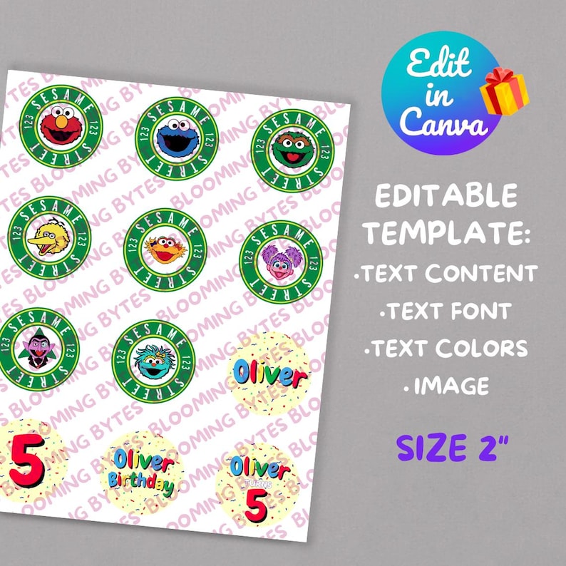May include: Printable 2-inch round stickers featuring Sesame Street characters. The stickers are white with a green circle around the characters. The text "Sesame Street" and "123" are printed in green. There are also stickers with a yellow background and confetti with the text "Oliver" and "Oliver Birthday" in red and blue.