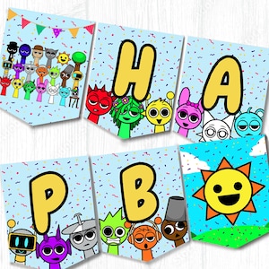 Sprunki Geburtstagsbanner Wimpelkette | Sprunki Geburtstagsdeko | Wimpelkette Party Dekoration Girlande | Bearbeitbare DIY Geburtstag Wimpelkette