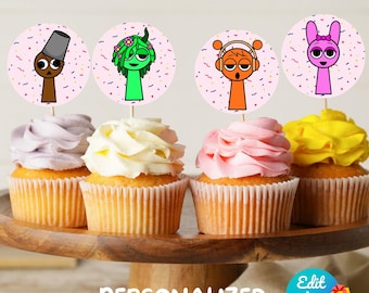 Printable Sprunki Cupcake Toppers Template, Incredibox Sprunki Birthday Party Decor, Digital Kids Party Editable DIY Birthday Digital PINK