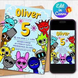 Sjabloon Incredibox Sprunki-verjaardagsuitnodiging, digitale bewerkbare kinderfeestje, tekstbare mobiele afdrukbare, Sprunki-uitnodiging, instant