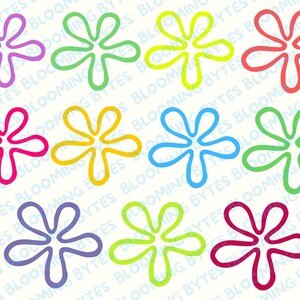 May include: Ten colorful cartoon flower shapes in various colors, including purple, green, yellow, blue, pink, and red. The shapes are outlined in black and are set against a white background.