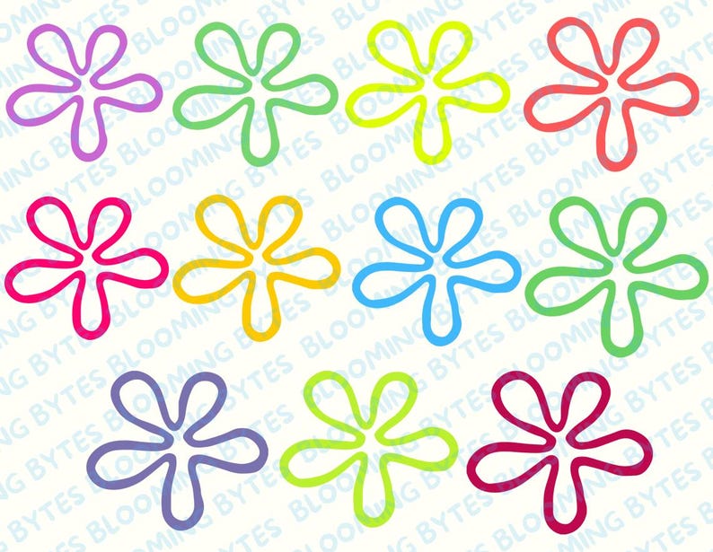 May include: Ten colorful cartoon flower shapes in various colors, including purple, green, yellow, blue, pink, and red. The shapes are outlined in black and are set against a white background.