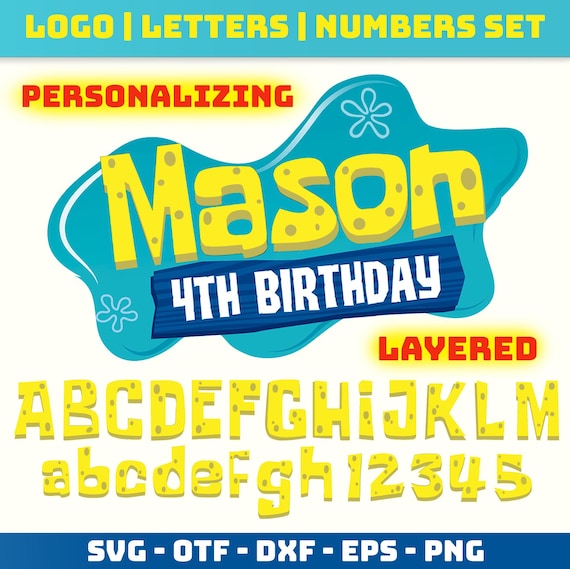 Sponge Birthday Banner SVG, Personalized Logo DIY, Baby Letters Svg Layered Baby Font OTF Kids Letters Cricut Font Svg Birthday Kids Shirt