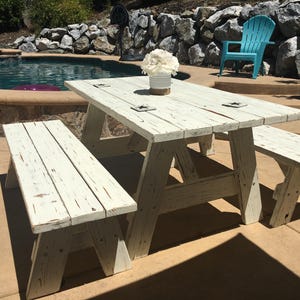 White, Vintage &#39;Washed&#39; Style Table, 5 Feet Long, with Matching Free Standing Benches.