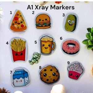 May include: Nine colourful stickers featuring cartoon food characters. The stickers are numbered 1 to 9. The characters include a slice of pizza, a hamburger, a pickle, chips, a beer mug, a doughnut, a carton of milk, a cookie, and a cupcake.