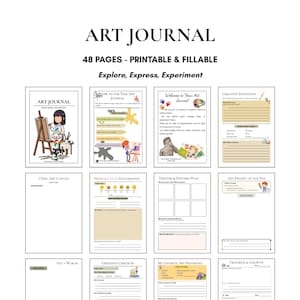 May include: Printable art journal with 48 pages. The cover features the title "ART JOURNAL" and the text "Explore, Express, Experiment." Inside, pages include prompts for creative exploration, such as "Mood & Color Exploration" and "Art Prompt of the Day."