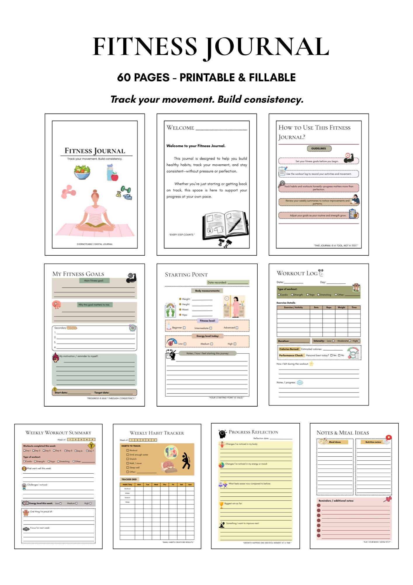 Fitness Journal Printable| Workout Planner | Wellness Habit Tracker | Weekly Workout Log - Etsy