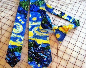 Van Gogh Starry Night Neckties in bow tie, skinny tie, and standard tie styles, kids or adult sizes