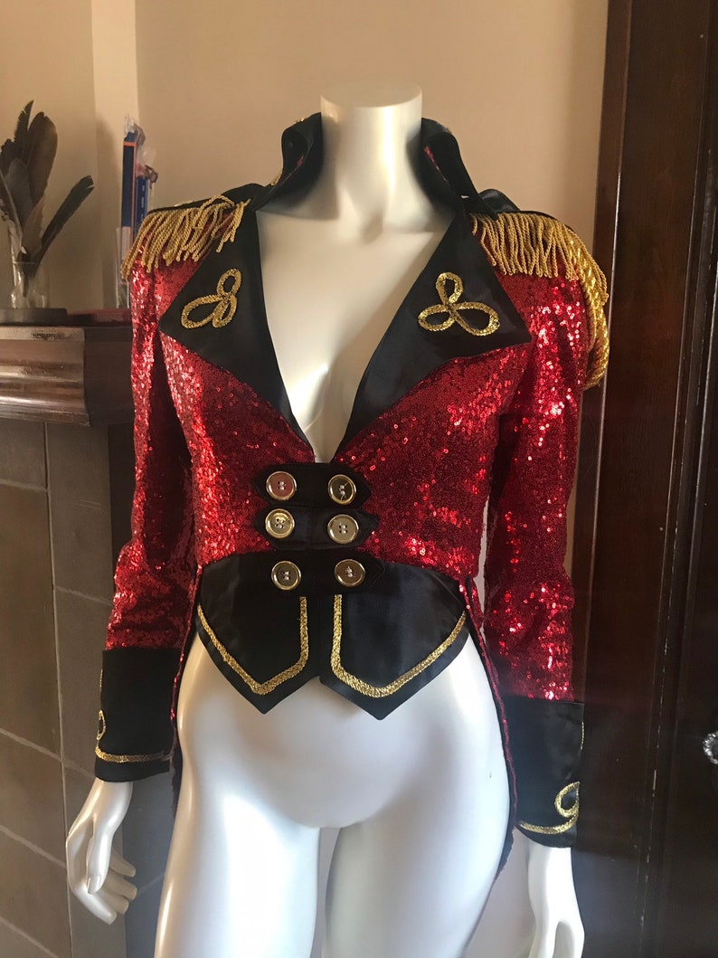 Circus Ringmaster Sequin Tail Coat in Red, Black and Gold