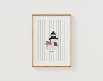 Brant Point Light House With The American Flag Artwork Nantucket Light House Coastal New England Print Massachusetts Digital Download