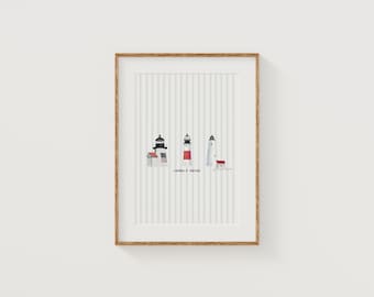 May include: Framed art print featuring three illustrated lighthouses in black, red, and white. The print has a striped background and the text "Lighthouses of Nantucket" below the lighthouses. The frame is a light brown color.