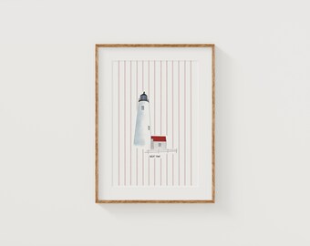 May include: Watercolor print of a lighthouse with a red-roofed building, set against a striped background. The lighthouse is white with a black top. The artwork is framed in a wooden frame and hangs on a white wall. The text "WEST POINT" is at the bottom.