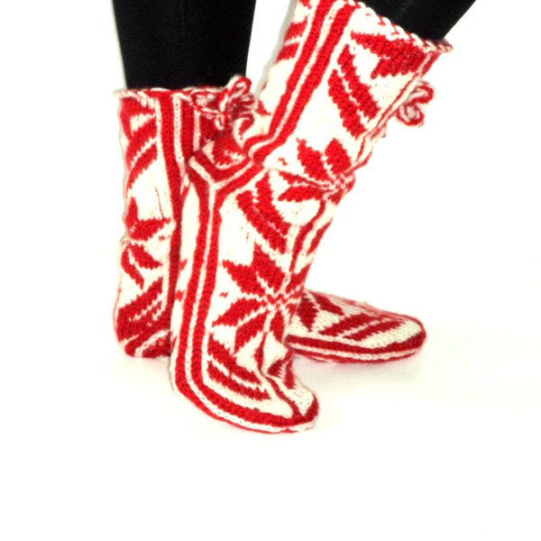 Christmas Gift, Handknitted Mukluk, Wool Slippers, Red and White, Long Slippers, Leg Warmers