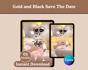 Puede incluir: Plantilla de tarjeta de guardar la fecha en oro y negro con un diseño de vela y copas de champán. El texto "Save the Date" está en negro con un contorno dorado. El texto "MR" y "MRS" está en dos globos.