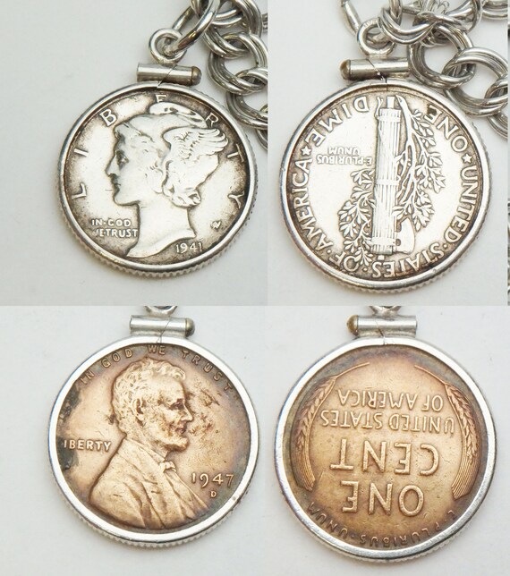 SS US Coin Charm Bracelet Dime Buffalo Nickel Pen… - image 2