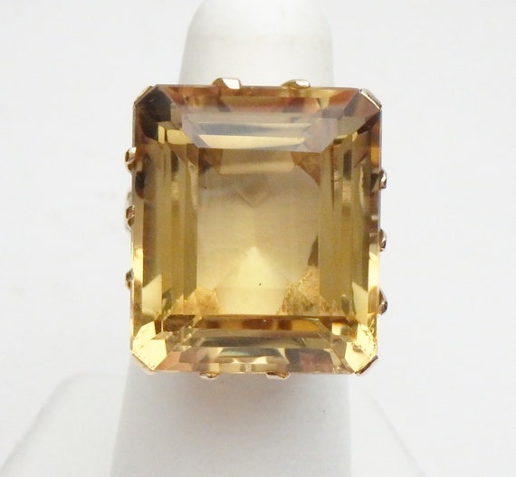 14 kt Citrine Emerald Cut with Floral Hand Carved… - image 2