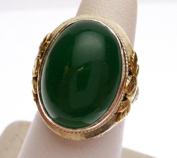 14k Green Onyx Oval Filigree Ring - image 1