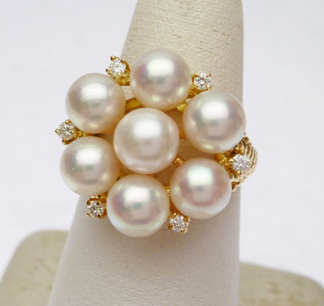 18k Cultured Pearl and 10ptw Diamond Cluster Ring - Etsy