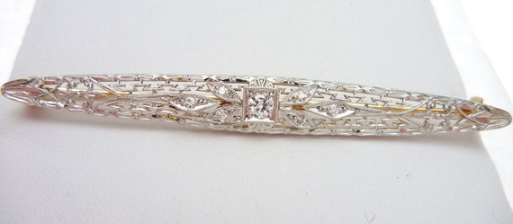 14k Art Nouveau Diamond Filigree Pin - image 2