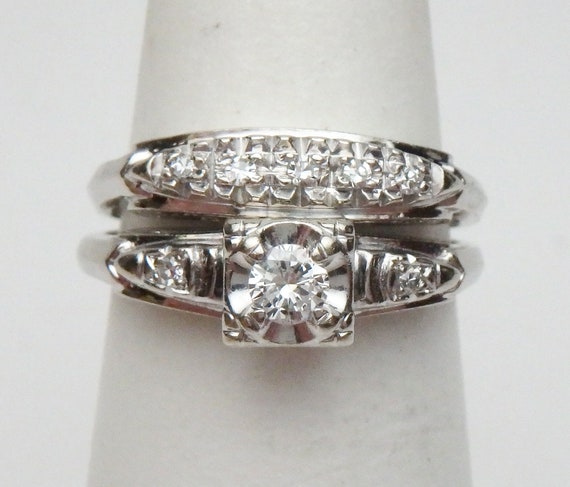 14 kt Diamond Wedding Set 1960s White Gold - image 2