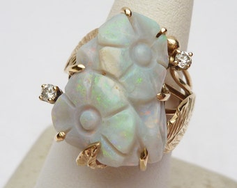 14k Solid Piece of Hand Carved Opal and Diamonds Handmade Flower Ring