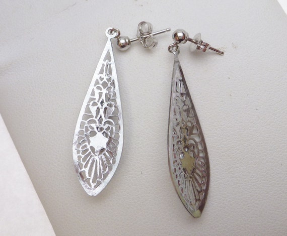 Art Nouveau Filigree Dangle Earrings Rhodium 1910s - image 3