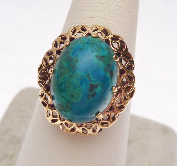 14 kt Chrysocolla Oval Cabochon Cocktail Ring with Cut Out Halo 1950s