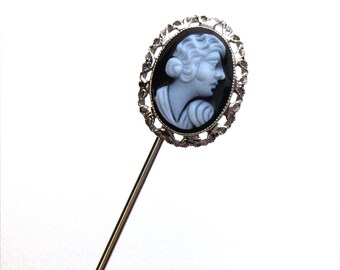 14kt Black Onyx Cameo Woman Stick Pin White Gold 1920s