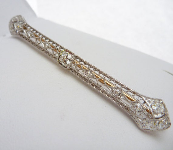 14kt Art Deco Diamond Filigree Pin - image 1