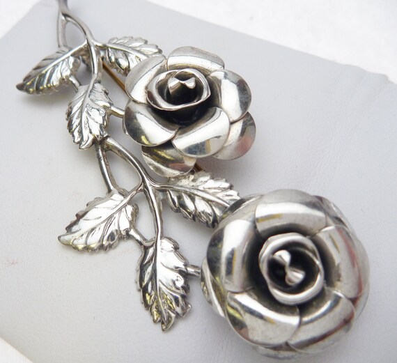 Lang Sterling Signed 2 Roses Silver Pin