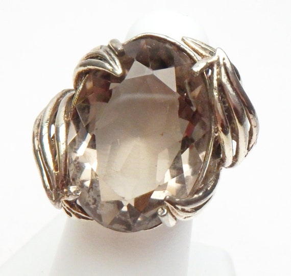 SS Smokey Quartz Statement Cocktail Ring 1960s St… - image 1