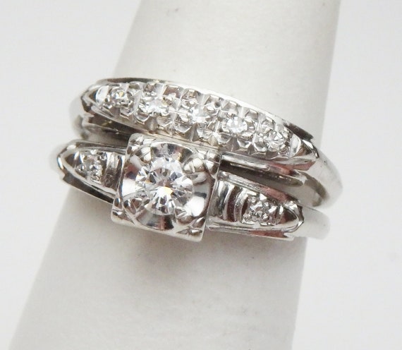 14 kt Diamond Wedding Set 1960s White Gold - image 1