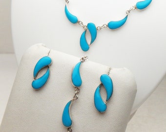 Taxco Sterling and Turquoise Enamel Parure Necklace Bracelet Studs Set Siler 1990s