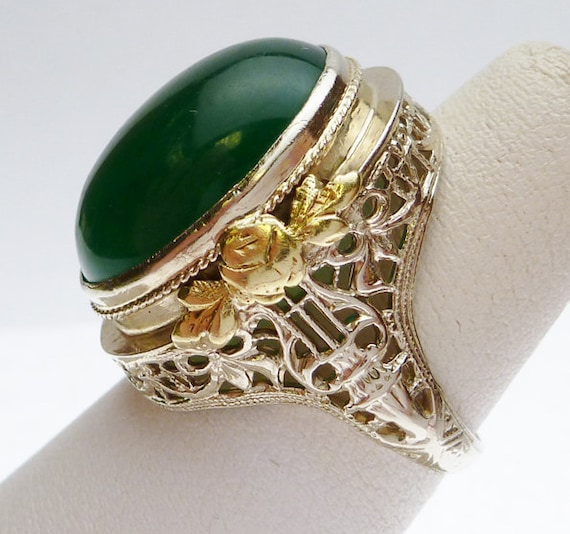 14k Green Onyx Oval Filigree Ring - image 3