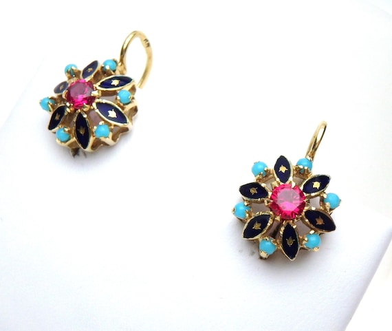 18kt Turquoise, Enamel, and Imitation Ruby Cluste… - image 1