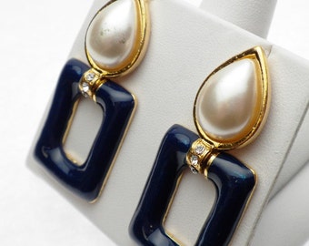 Faux Pearl and Blue Enamel Geometric Earrings