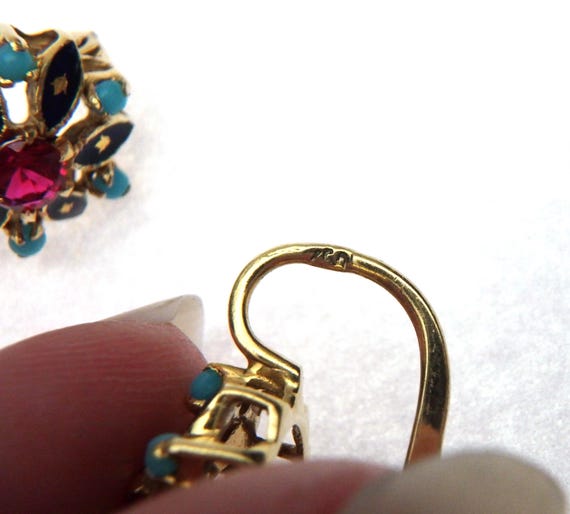 18kt Turquoise, Enamel, and Imitation Ruby Cluste… - image 5