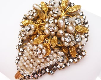 Eugene Signed Floral Faux Pearl and Rhinestone Flower Basket Brooch