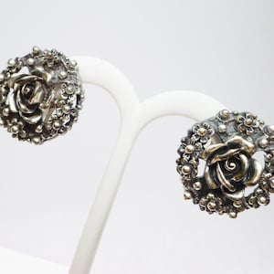 Tortolani Pewter Rose and Flower Cluster Earrings 1960s Silver Tone