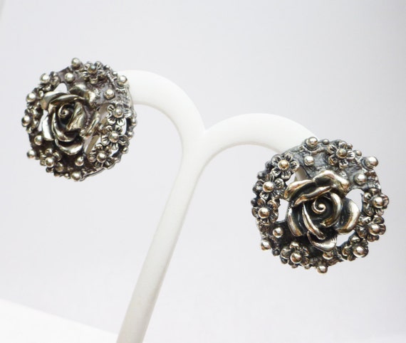 Tortolani Pewter Rose and Flower Cluster Earrings… - image 1