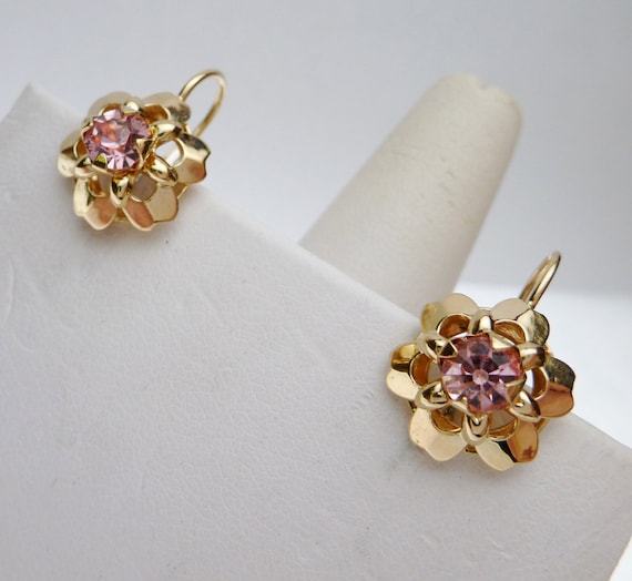 14 kt Pink Synthetic Stone Flower Lever Back Earr… - image 1