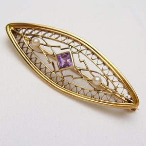 14k Amethyst and Pearl Art Deco Pin
